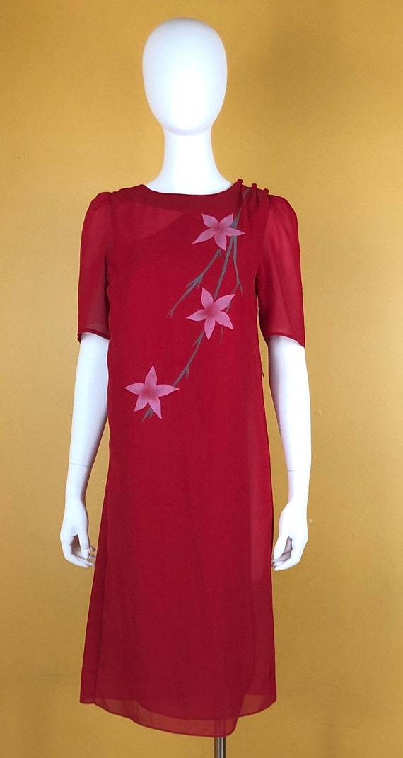 Vintage 1980s Options Red Sheer Dress with Flower 