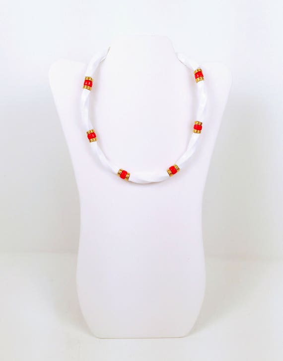 Vintage 1970s White, Red and Gold Plastic Necklace - image 2