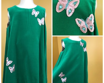 Vintage 1980s Girls Green Velour Sleeveless Dress with Pink Butterflies