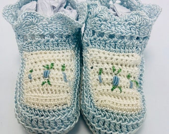 Vintage 1960s Blue and White Infant Booties Crib Shoes