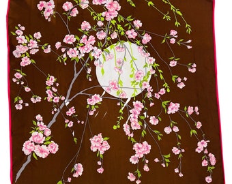 Écharpe Paoli marron vintage des années 1970, bordure rose, motif floral blanc, vert