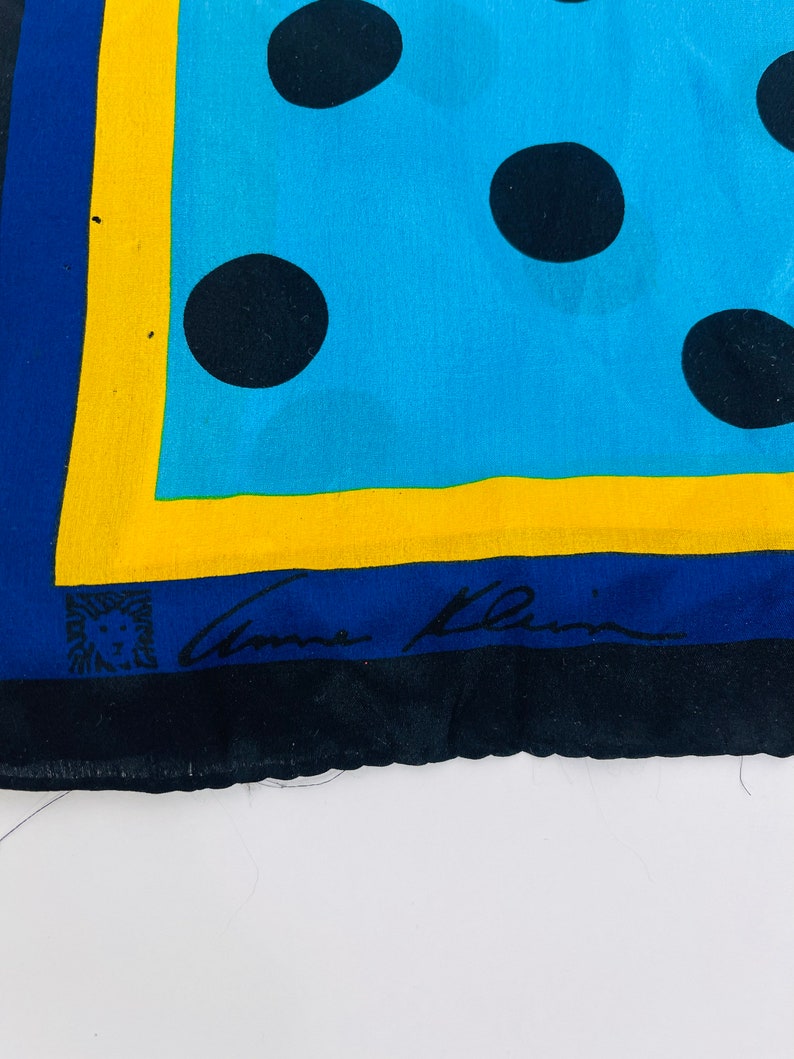 Vintage 1980s Anne Klein Black Turquoise Polka Dot Silk Scarf image 3