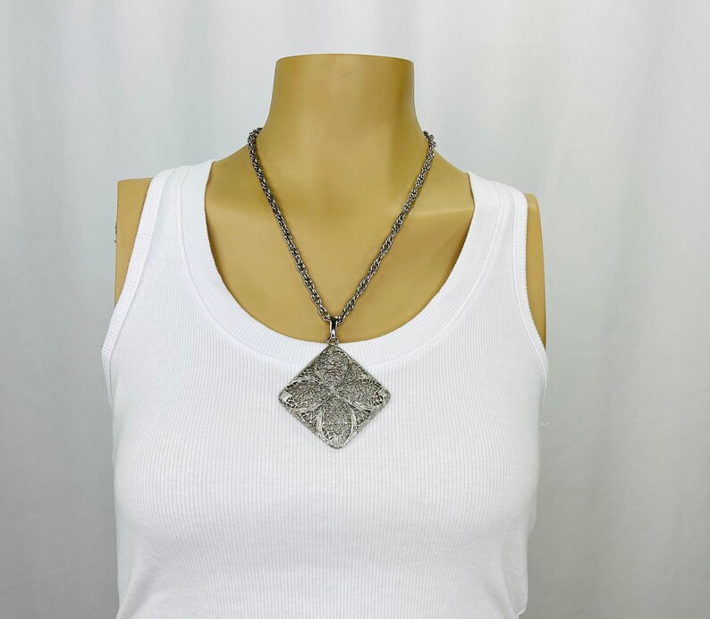 Vintage 1960s Silver Cut Out Square Pendant Necklace image 1