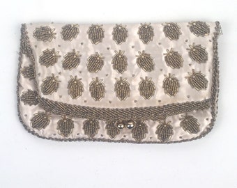 Vintage 1960s Ivory Hand Beaded Clutch Evening Bag