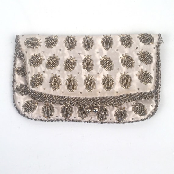 Vintage 1960s Ivory Hand Beaded Clutch Evening Bag - image 1