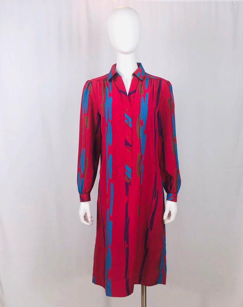 Vintage 1980s Schrader Sport Deep Pink Abstract Print Dress