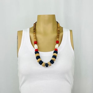 Vintage 1980s Blue Red and Natural Flat Beaded Necklace with Shell Accents image 1