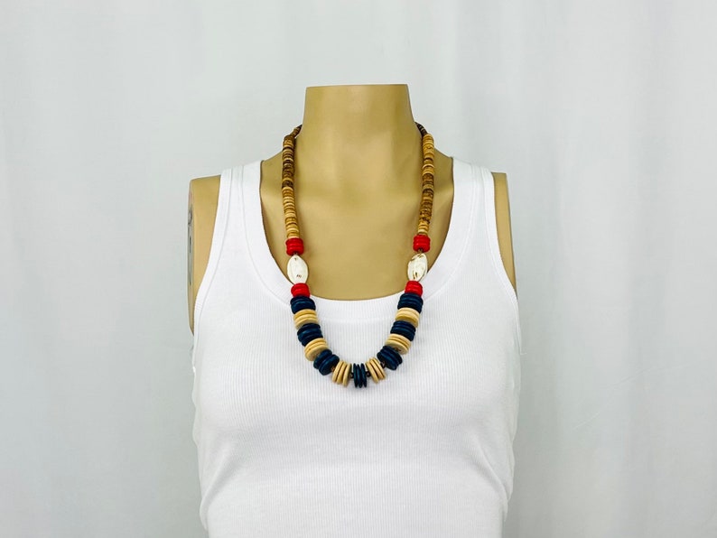 Vintage 1980s Blue Red and Natural Flat Beaded Necklace with Shell Accents image 1