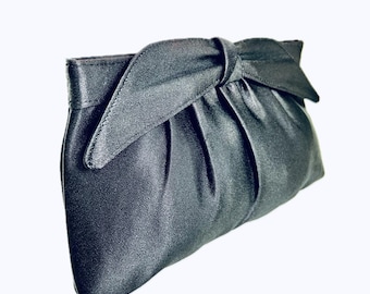 Black Sateen Evening Convertible Clutch Shoulder Bag with Bow