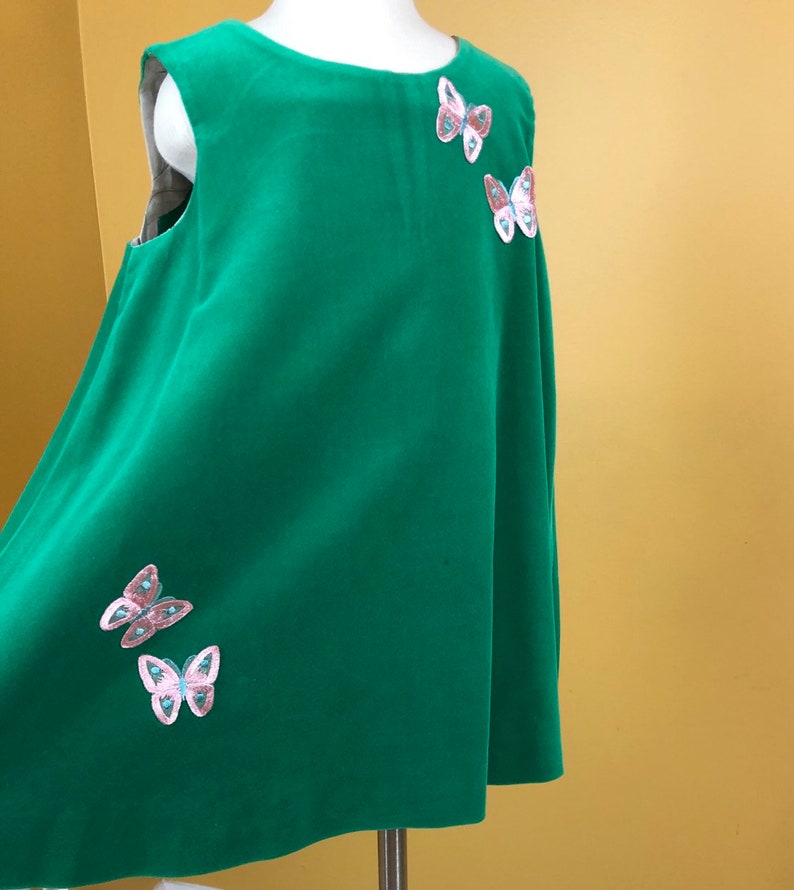 Vintage 1980s Girls Green Velour Sleeveless Dress with Pink Butterflies