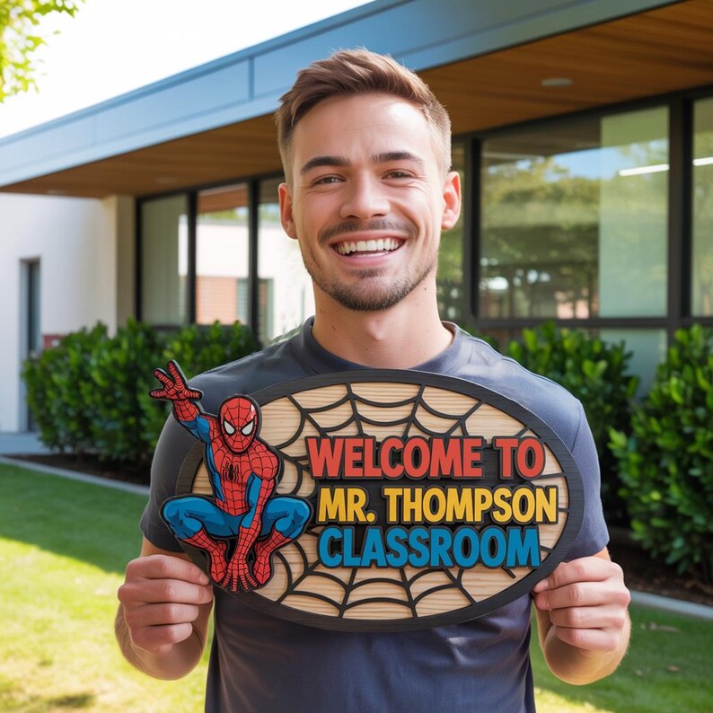 May include: An oval wooden sign with a Spider-Man graphic and the words "WELCOME TO MR. THOMPSON CLASSROOM" in red, yellow, and blue. The sign has a spiderweb design and is held up by a person.