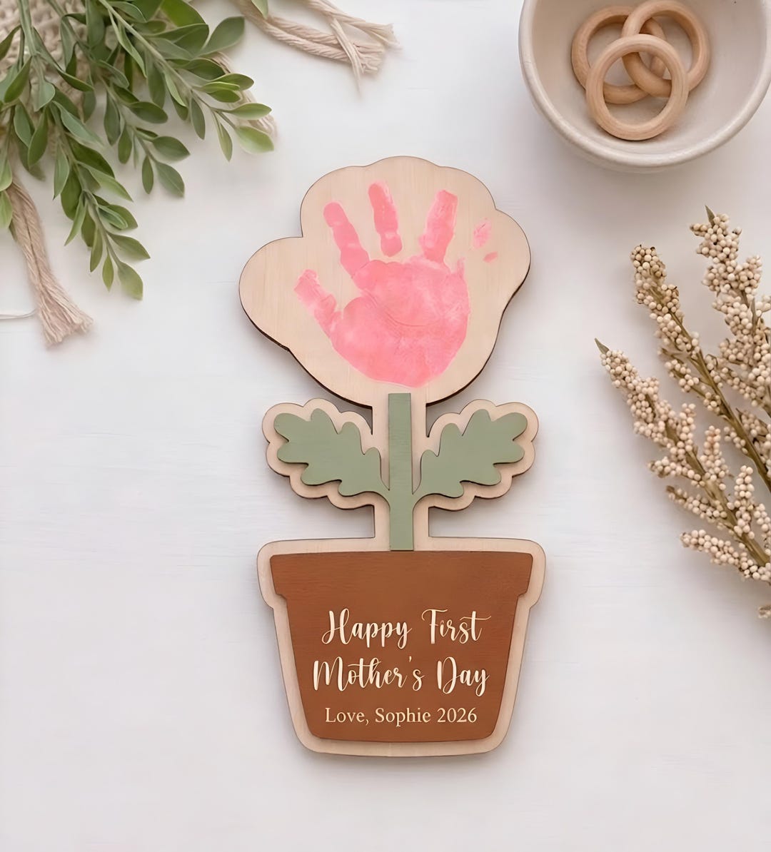 First Mothers Day Handprint Sign, Handprint Flower Pot Sign, Wooden ...