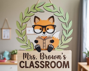 Fox Door Sign, Teacher Fox Sign, Custom Teacher Door Sign, Classroom Door Sign, Woodland Animal Door Hanger, Classroom Decor