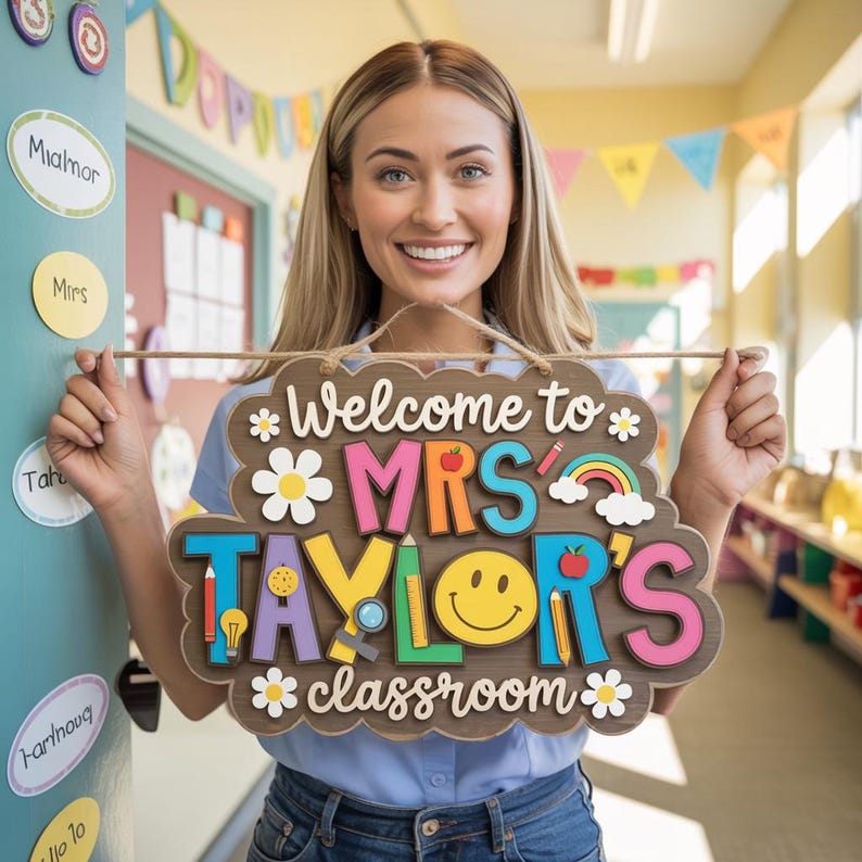 May include: A wooden classroom sign with the text "Welcome to MRS TAYLOR'S classroom" in colorful letters. The sign features a daisy, a rainbow, and a smiling face. The sign is held by a person.