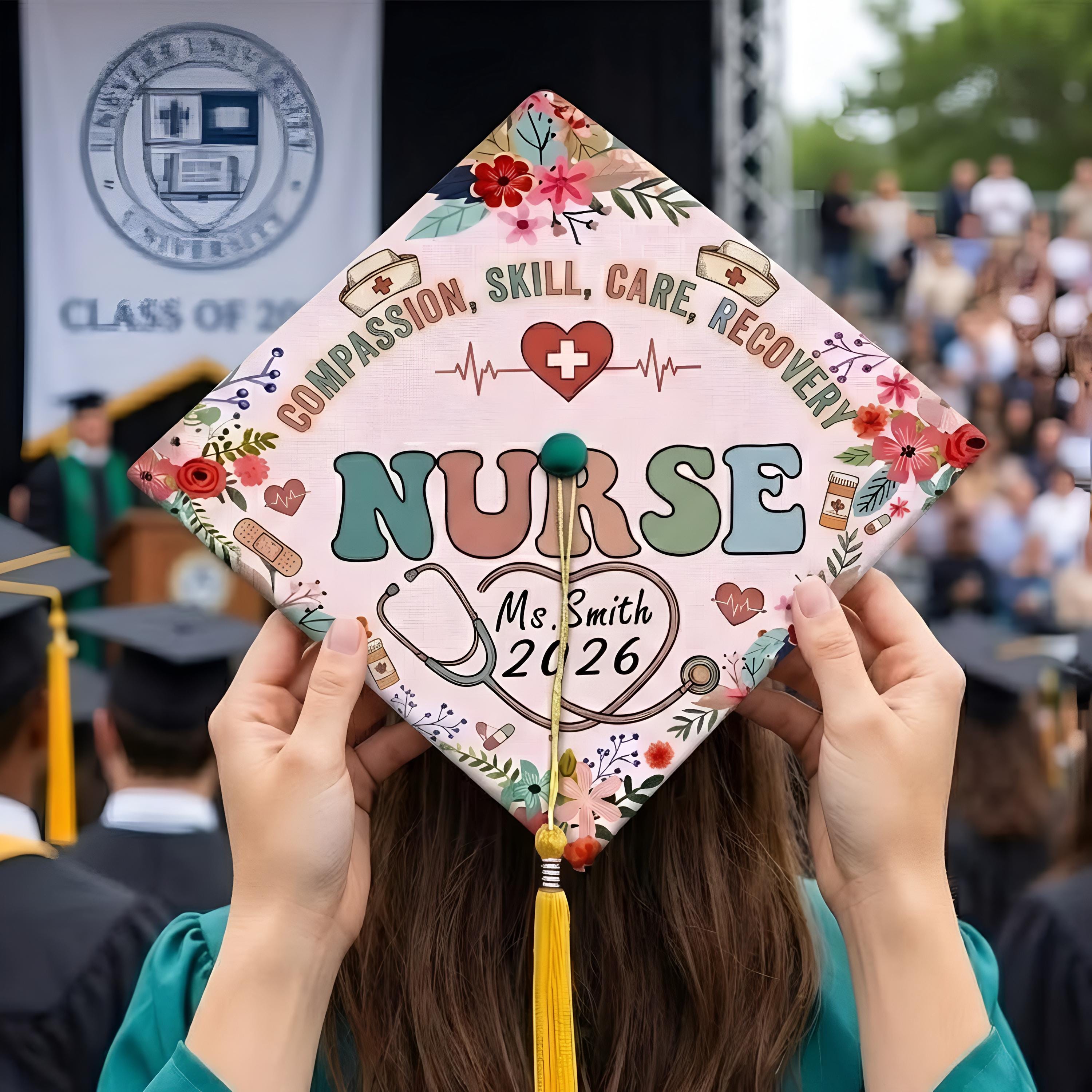 Nurse Graduation Cap Topper, Custom Name Nursing Grad Cap, Floral Nurse ...
