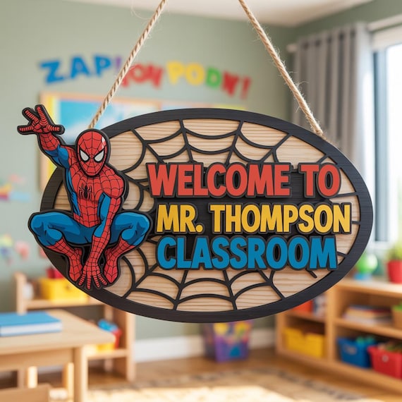Custom Spiderman Door Sign, Teacher Welcome Sign, Spiderman Door Hanger, Teacher Door Sign, Classroom Door Sign, Classroom Decor