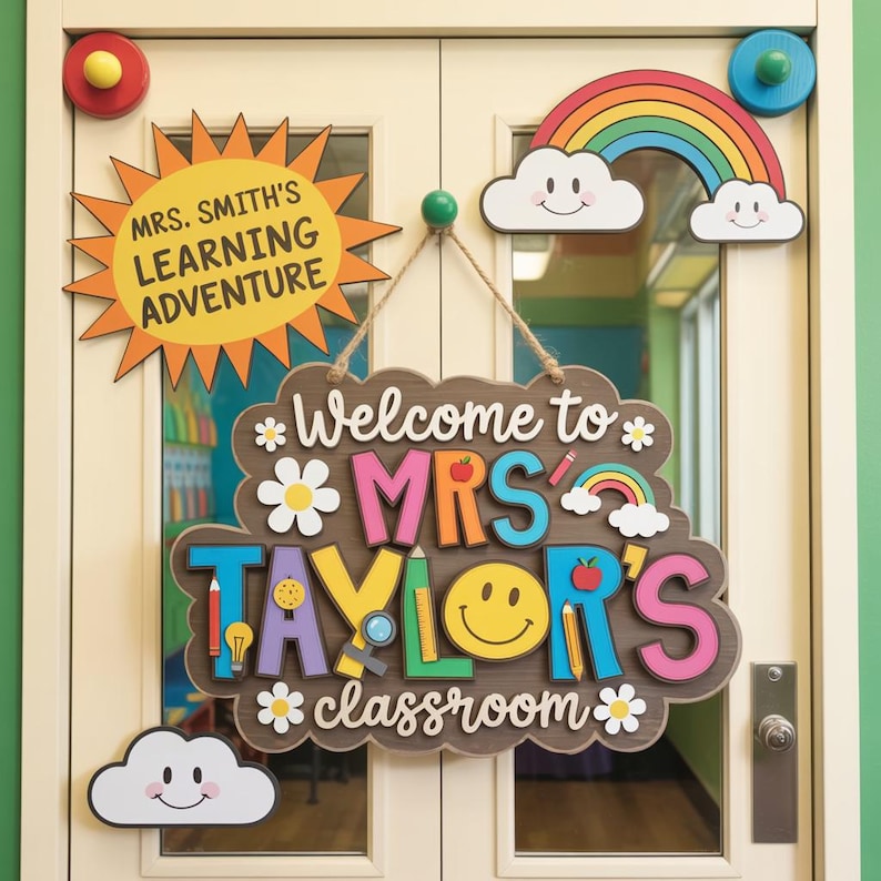 May include: A wooden classroom sign with the text "Welcome to MRS TAYLOR'S classroom" in colorful letters, decorated with flowers, a smiley face, and a rainbow. Additional signs include a sun with "MRS. SMITH'S LEARNING ADVENTURE" and a rainbow with clouds.