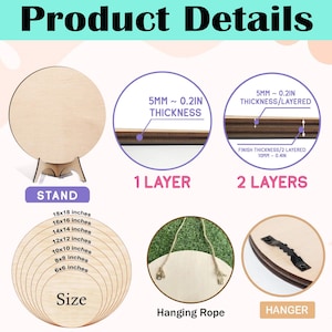 May include: Product details image showing a wooden round sign with a stand, hanging rope, and hanger. The sign is available in various sizes, from 6x6 inches to 18x18 inches. The thickness is 0.2 inches for a single layer and 0.4 inches for two layers.