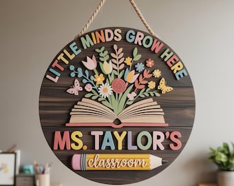Personalized 3D Teacher Door Sign, Classroom Welcome Sign, Books Door Sign, Floral Classroom Sign, Preschool Teacher Gift, Classroom Decor