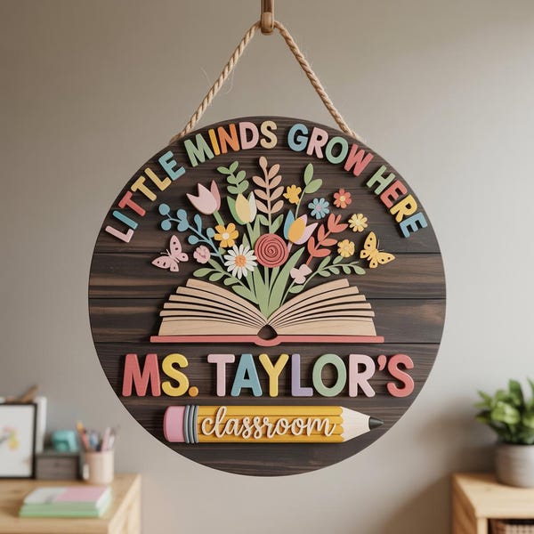 Personalized 3D Teacher Door Sign, Classroom Welcome Sign, Books Door Sign, Floral Classroom Sign, Preschool Teacher Gift, Classroom Decor