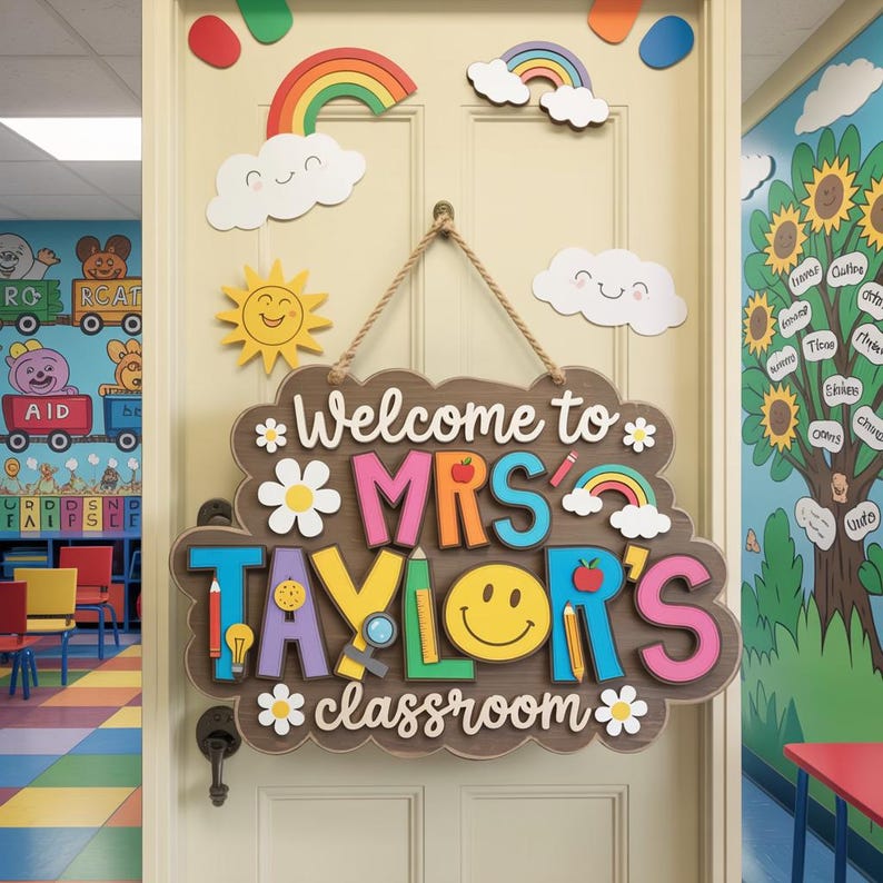 May include: A wooden classroom sign with the text "Welcome to MRS TAYLOR'S classroom" in colorful letters. The sign is decorated with daisies, rainbows, and a smiling face. The sign hangs on a cream-colored door.