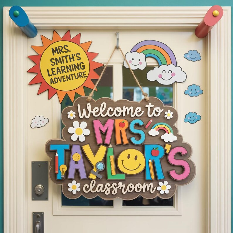 May include: A wooden classroom sign with the text "Welcome to MRS TAYLOR'S classroom" in colorful letters, decorated with daisies, a rainbow, and a smiling face. A sun-shaped sign reads "MRS. SMITH'S LEARNING ADVENTURE". The sign hangs on a white door.
