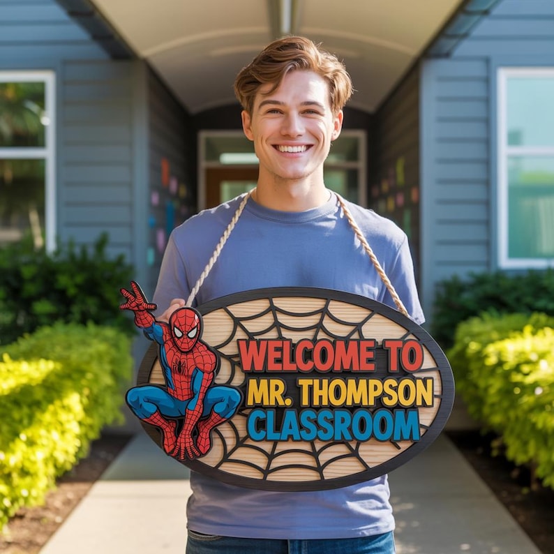 May include: Oval wooden sign with a black border and a light brown background featuring a spiderweb design. The sign has the text "WELCOME TO MR. THOMPSON CLASSROOM" in red, yellow, and blue. A cartoon image of Spider-Man is on the left side.