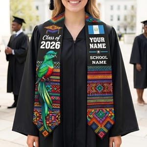 Personalized Guatemalan Graduation Stole 2026 Gift For Senior, Guatemalan Flag Sash with Quetzal Bird, Traditional Maya Pattern Quetzal Sash