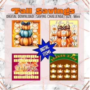 May include: Four digital saving challenge sheets titled Fall Savings. Designs include stacked pumpkins with ovals, pumpkins with bows, autumn leaves with the number one, and a leaf-themed grid with the text Leaves Y'all. A blue star says Digital Items.