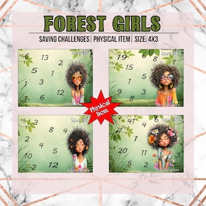 Può includere: Quattro carte colorate di sfida al risparmio con il testo "FOREST GIRLS". Ogni carta presenta una ragazza dei cartoni animati con i capelli ricci e un tema floreale. Le carte sono etichettate come "Saving Challenges" e "Physical Item".
