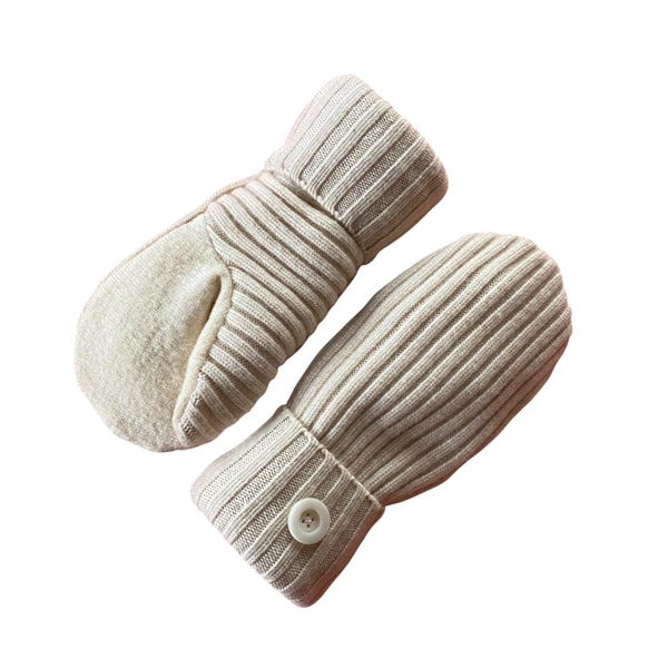 Recycled Sweater Mittens: Cream Cashmere and Wool, White Mittens, Cream Mittens, Women's Medium Large Mittens