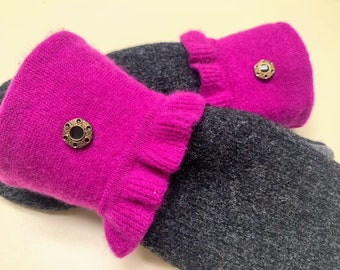 Free Shipping | Sweater Mittens | Recycled Sweater Mittens | Black Gray Mittens | Cashmere Cuffs | Womens Mittens | Gift | Winter