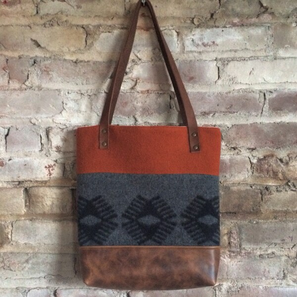 wool and leather tote bag