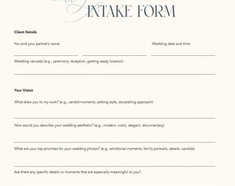 Puede incluir: Formulario de toma de contacto para fotografía de boda con preguntas sobre la visión del cliente, los detalles de la boda y las preferencias de fotografía. El formulario incluye secciones para los datos del cliente, su visión y los detalles de la fotografía.