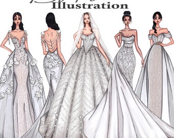 Illustratie bruidsmode, op maat gemaakte bruidsportret, gepersonaliseerde illustratie, bruiloftillustratie, modeschets, bruidsjurk