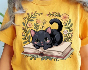 Black Cat Reading Clipart: Floral Kawaii PNG (Digital Download)