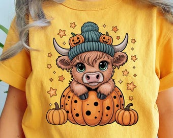 Highland Cow Halloween PNG | Pumpkin Beanie (Digital Download