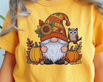 Gnome d'automne PNG : Citrouille, tournesol et hibou (Téléchargement numérique)