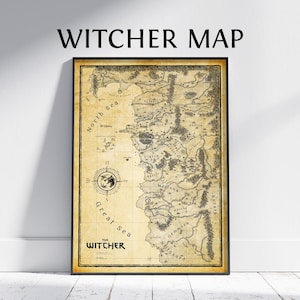 May include: A framed map of The Witcher world, featuring a vintage aesthetic with a sepia tone. The map includes geographical details, compass rose, and text that reads "Witcher Map" and "The Witcher".