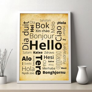 Könnte beinhalten: Ein gerahmter Druck mit dem Wort "Hallo" in Großbuchstaben, umgeben von "Hallo" in verschiedenen Sprachen. Der Hintergrund ist in Pergamentfarbe gehalten, und der Rahmen ist weiß. Eine kleine Vase und eine Pflanze stehen auf dem Tisch.