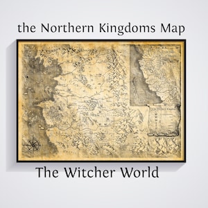 May include: Framed map of the Northern Kingdoms from The Witcher World. The map is in sepia tones with intricate details, including geographical features, text, and a compass rose. The text "the Northern Kingdoms Map" and "The Witcher World" are displayed.