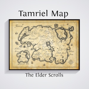 May include: A framed map of Tamriel, a fictional continent from The Elder Scrolls series. The map is in sepia tones, showing landmasses, oceans, and place names. The text "Tamriel Map" and "The Elder Scrolls" are displayed on the image.