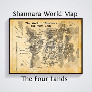 Puede incluir: Mapa enmarcado del Mundo de Shannara, con una ilustración detallada de Las Cuatro Tierras. El mapa es de estilo vintage, con un fondo similar a pergamino y texto negro. El título "Shannara World Map" está en la parte superior.