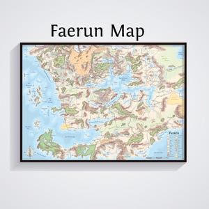 May include: A framed map of Faerun, featuring a detailed depiction of the fantasy world. The map includes landmasses, bodies of water, and geographical features. The title "Faerun Map" is displayed at the top. The map is enclosed in a black frame.