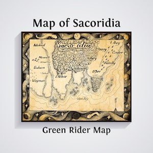 May include: A framed map of Sacoridia, featuring detailed illustrations of landmasses, rivers, and cities. The map is in sepia tones with black ink details and a decorative border. The text "Map of Sacoridia" and "Green Rider Map" are displayed.