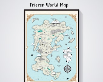 Poster Frieren, kaart geïnspireerd op de fantasiewereld Frieren Beyond Journey's End, kunst aan de muur, decor anime, mangaprint