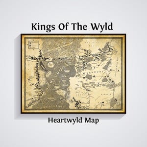 May include: Framed map titled "Kings Of The Wyld" with "Heartwyld Map" below. The map is in sepia tones, featuring detailed geographical elements, including mountains, rivers, and forests. The frame is dark brown.