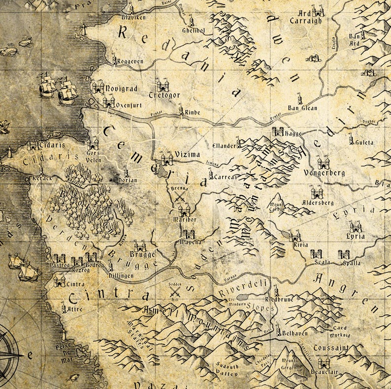 Witcher World Map Print: Northern Kingdoms Art Poster, Geralt of Rivia ...