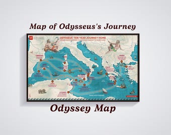 Map of Odysseus's 10 year Journey home, Odyssey Map, Greek Mythology Poster, Ancient World Wall Art, Ulysses Journey Map, The Odyssey Poster