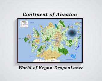 DragonLance Map, Continent of Ansalon, World of Krynn, DragonLance Poster, Dungeons & Dragons map, the Dragonlance world, Fantasy Map